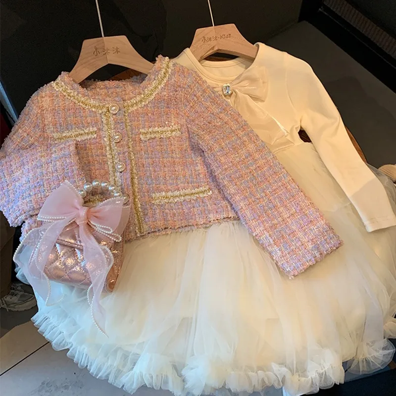 

Spring and Autumn Girls' Little Fragrant Wind Coat, Little Girls' Mesh Long Sleeve Bow Princess Dress Children's Two Piece Set