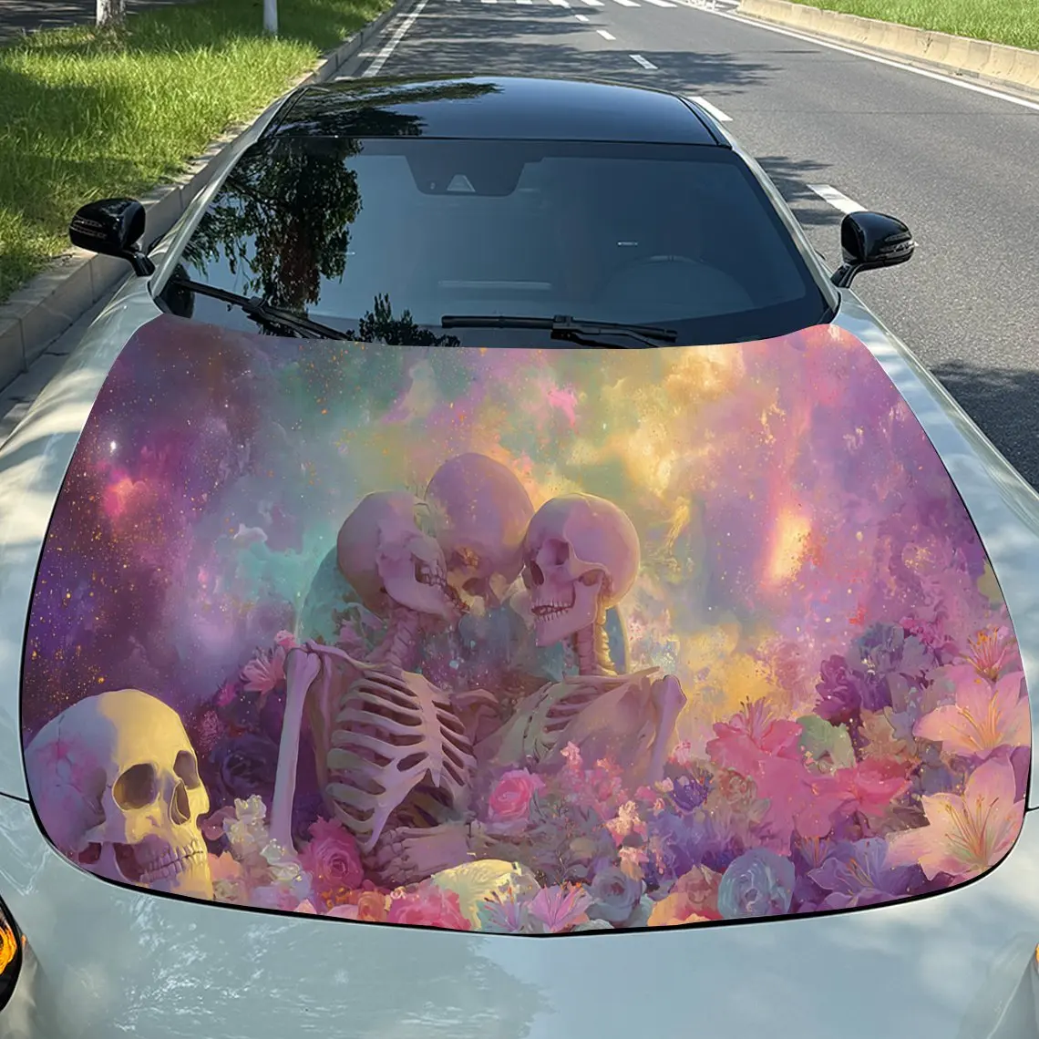 

Fantasy Cosmic Skeleton Trio and Flowers Car Cover Sticker, Auto Hood Decal, Car Exterior Scratch Resistant Decal, Trendy Gift f