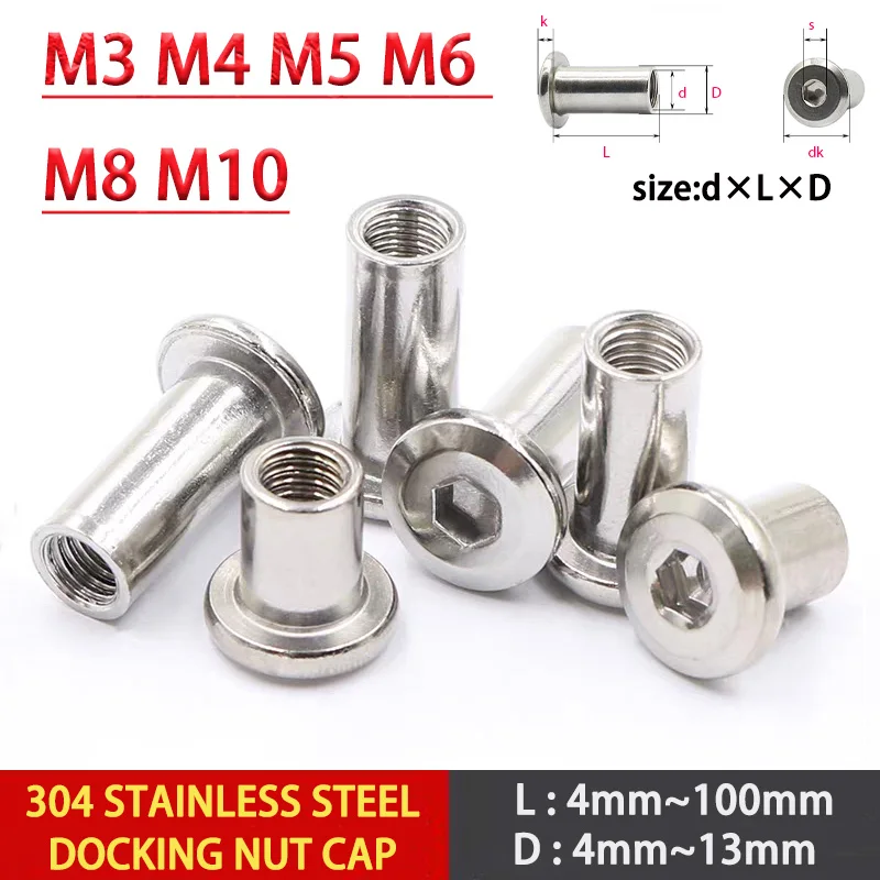 

M3 M4 M5 M6 M8 304 Stainless Steel Large Flat Hex Socket Furniture Rivet Nut Connector Insert Joint Sleeve Cap Nut Screw 1-20pcs