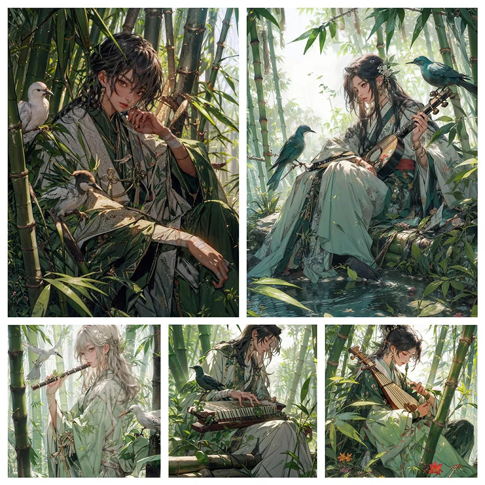 5D Diamond Pattern Rhinestone Needlework Diy Diamond Painting Cross Stitch Bamboo Forest Girl Bird Diamond Embroidery H466