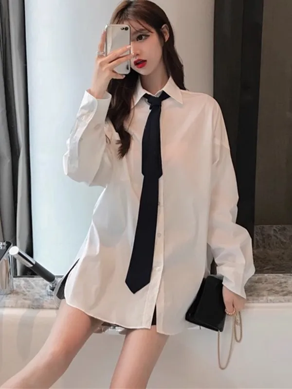 

Spring New Style Loose Women's Shirt Long Sleeve Necktie Inner Wear Casual Fashion Polyester Material Versatile Casual Colleg...
