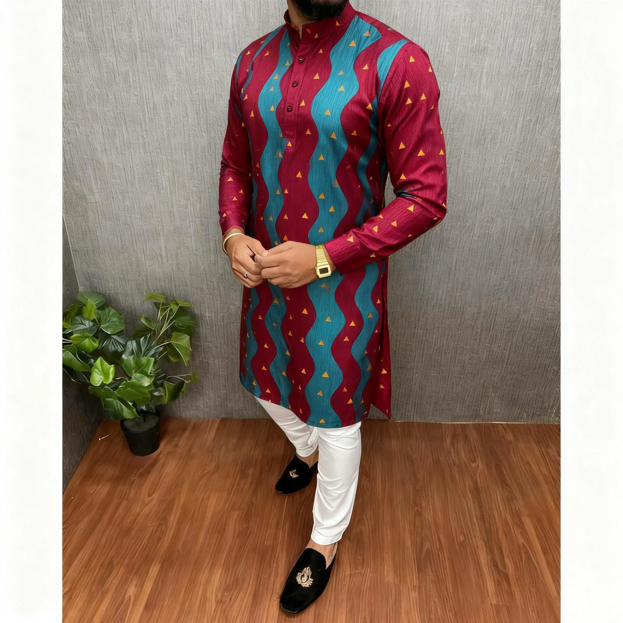 Stile nazionale Uomo Stampato digitale Kurta Vardha Regular Mandarin Lungo Adatto Gandoura Homme Marocaine Khamiis Uomini musulmani