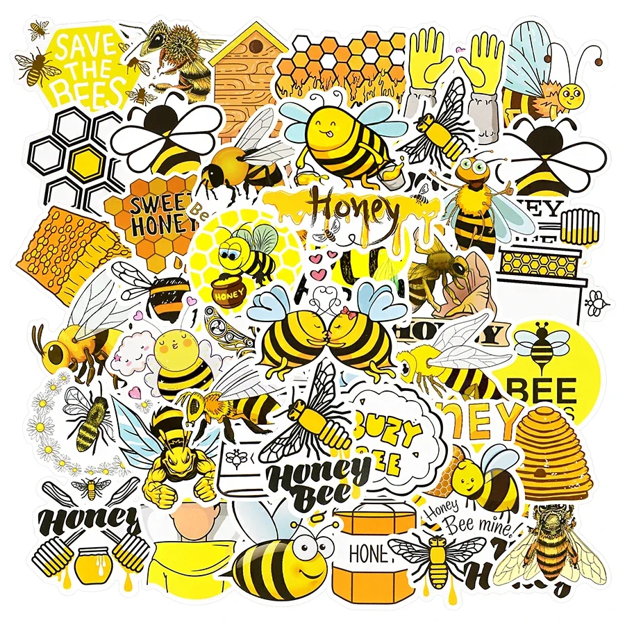 50 PCS Bee Animal Stickers Pack Hardworking Cute Bee Cartoon Stickers for Kids Toys DIY Scrapbook Water Cup Bike Laptop Sticker