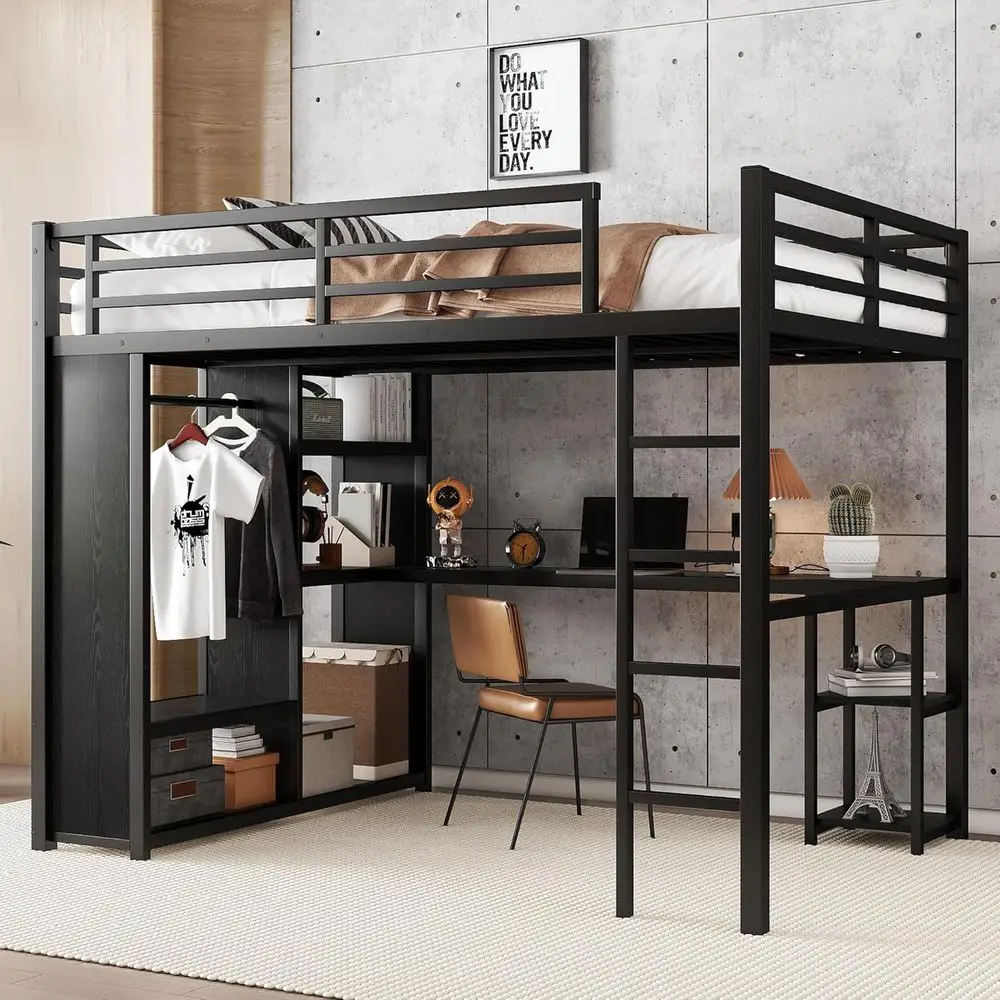 

Heavy-Duty Metal Loft Bed with Desk, Wardrobe, and Shelves, Space-Saving Design, No Box Spring Required, Black