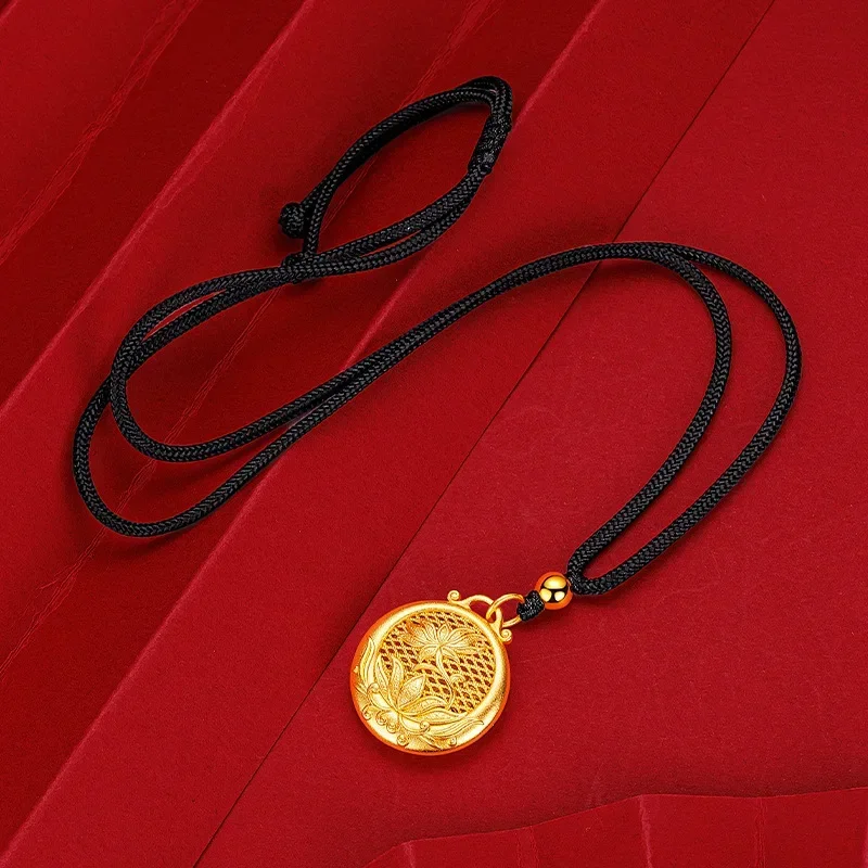 

9999 Real Gold 24K Hollow Silk Lotus Necklace Pendant Vintage Ancient Golden Lotus Couple Black Rope Necklace