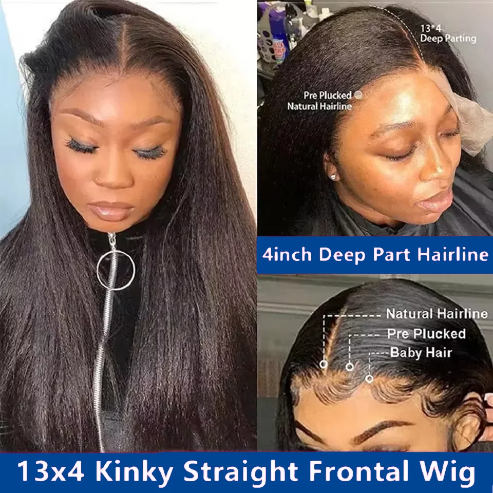 Peruca Kinky Straight de Cabelo Humano para Mulheres, Transparente Lace Front, Cabelo Brasileiro, Yaki, Perucas Frontais, 13x4