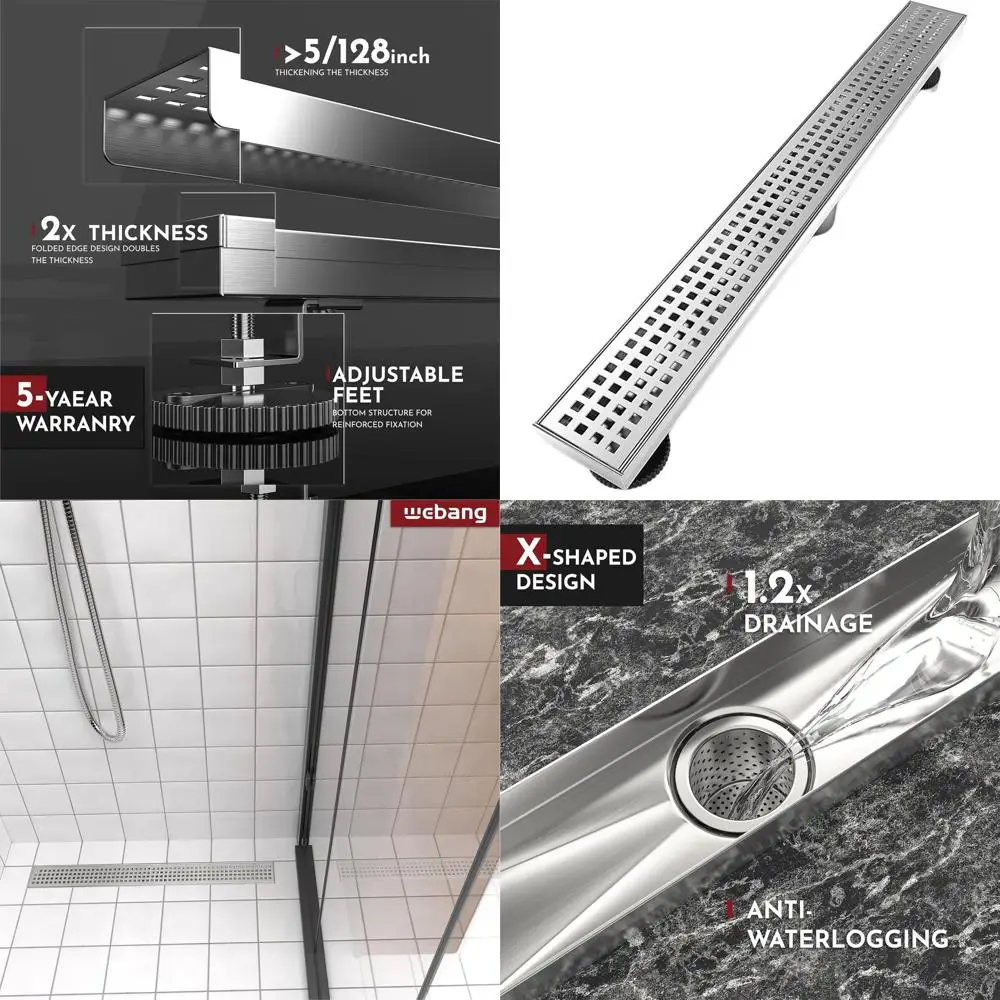 Ralo de Chuveiro Quadrado de 24 Polegadas com Tampa Removível em Aço Inoxidável Escovado, Certificado CUPC