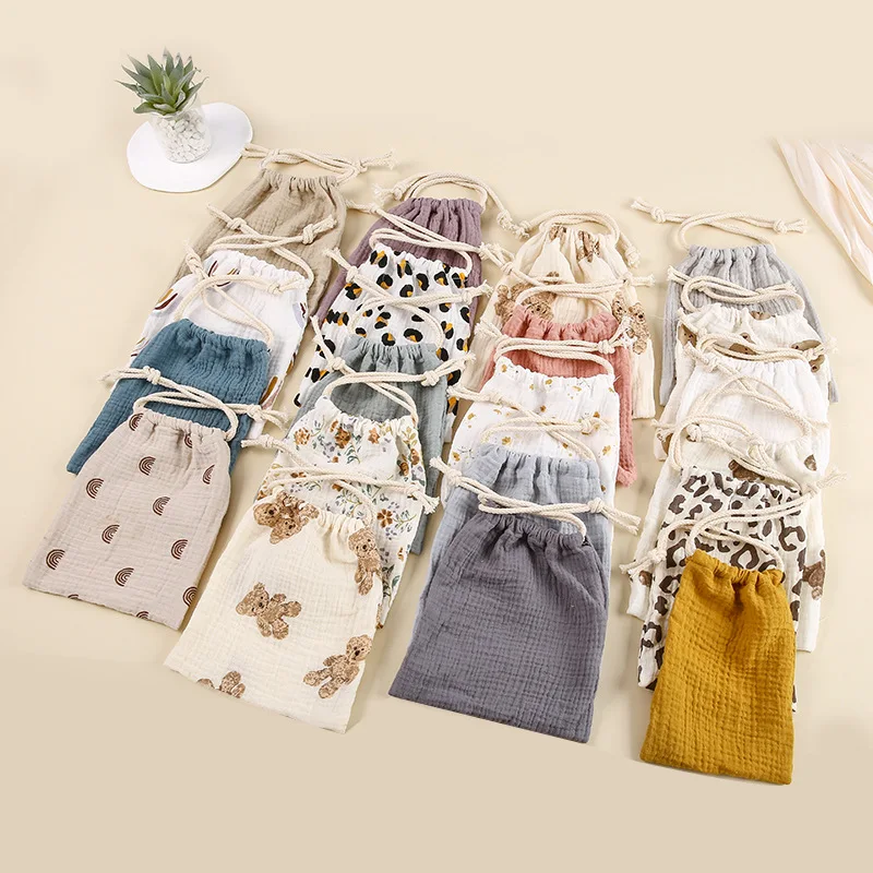 INS double-layer rope drawstring storage bag pure cotton crepe printed cloth Muslin baby comfort towel storage bag hanging bag