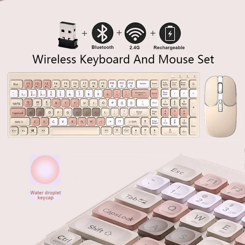 

Лидер продаж, двухрежимная перезаряжаемая беспроводная клавиатура и мышь, 105-клавишная полноразмерная цветная клавиатура чая с молоком и USB