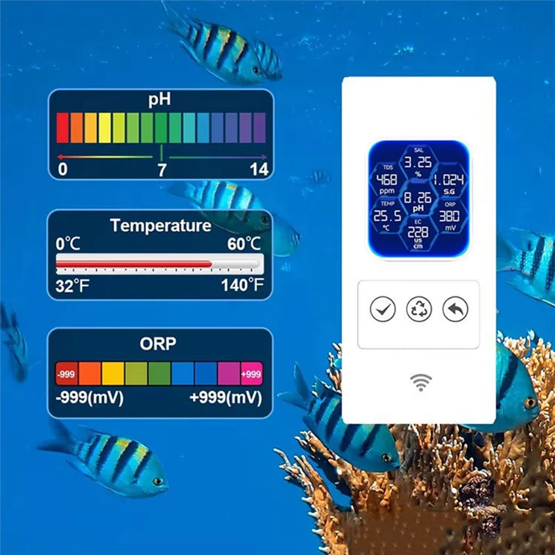 My Home 7 في 1 شاشة ذكية تعمل بالواي فاي عبر الإنترنت درجة حرارة الملح ORP الكلور Ph Tds Ec متر لحوض السمك والأسماك الاستوائية