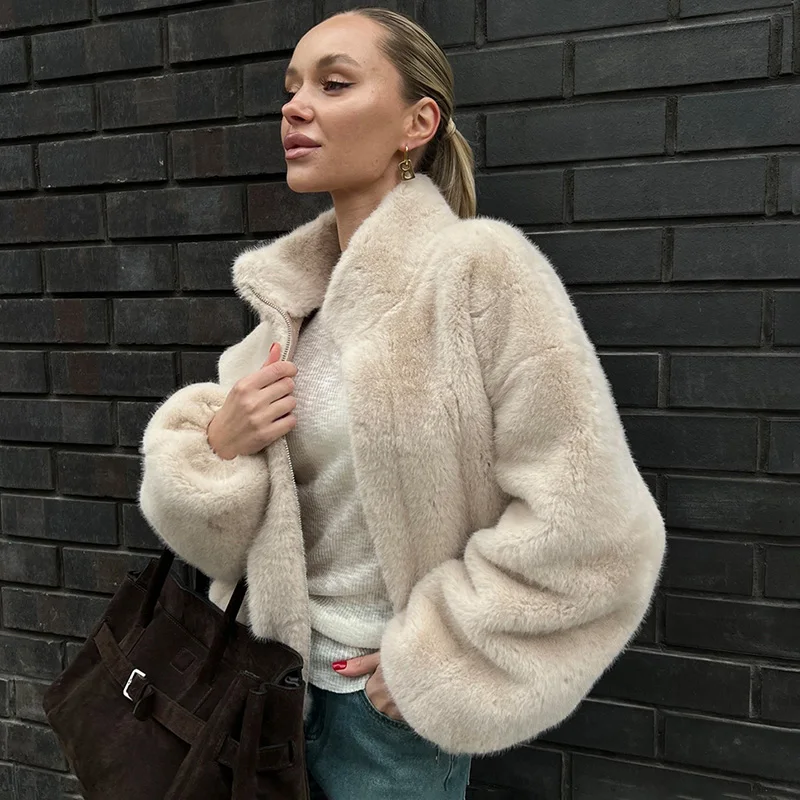 Tornova Stand Collar Faux Fur Coat For Women Fashion Zipper Warm Plush Jacket 2025 Autumn Winter New Solid Streetwear Short Coat