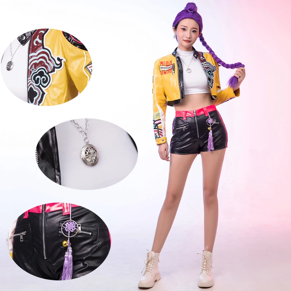 

Anime Clothes Outfit Embroidered Pu Leather Performance Costume Cosplay Set for Rumi K-Pop Halloween Top + Pants + Coat Suit