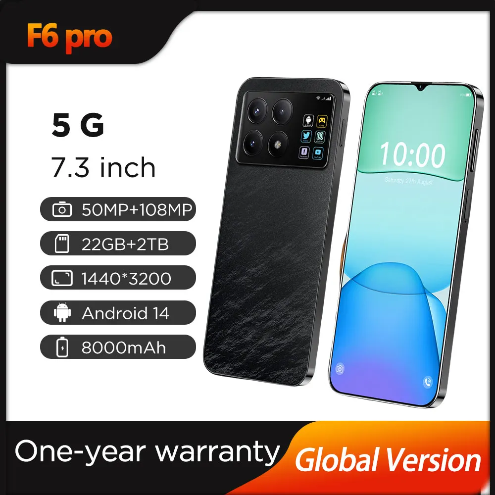 

F6 Pro 5G Global Version 7.3HD Screen 512G + 2T 7000Mah Android14 Cellulare Dual Sim Face Unlocked Mobile Phone 108MP Cell Phone