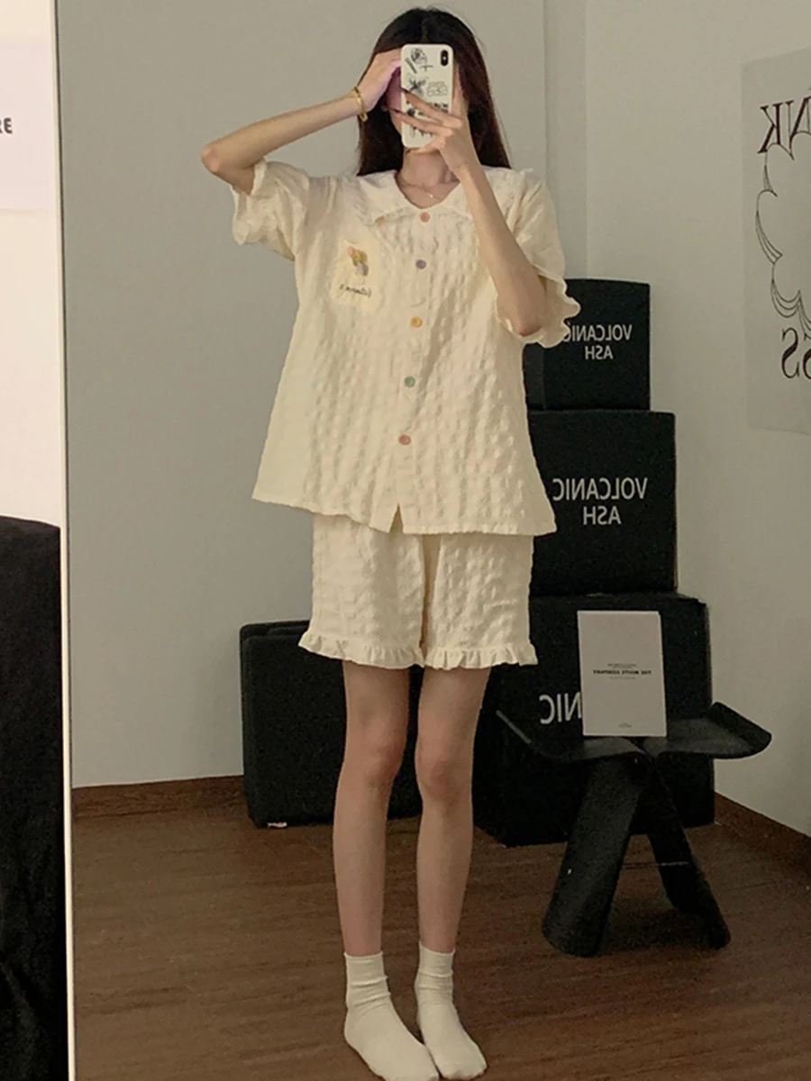 DAIMELU ins haut de gamme pur coton pyjamas femmes nouvel été abricot fleurs doux à manches courtes princesse style étudiant loungewea