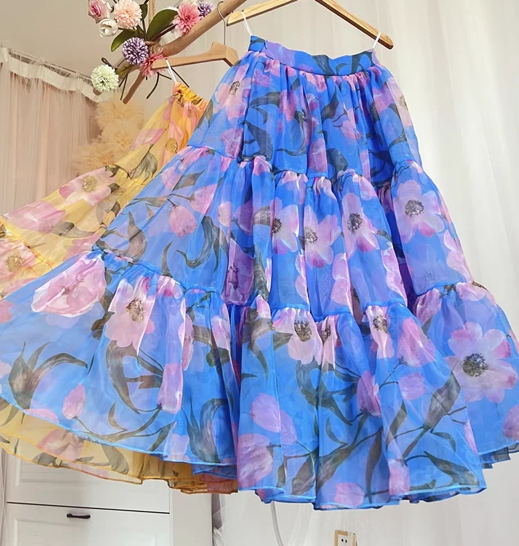 TIYIHAILEY Organza femmes automne printemps longue Maxi taille haute robe de bal jupes grand ourlet couche fleurs imprimé été bleu jaune