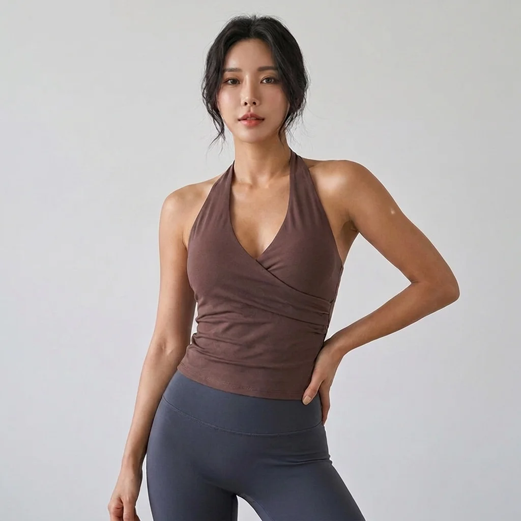 Damen Sexy V-Ausschnitt Nude Sport-BH mit Neckholder, Atmungsaktives Gym-Top, Activewear, Fitness-Yoga-Top, Neckholder-Design, Yoga-BH – Detail 9