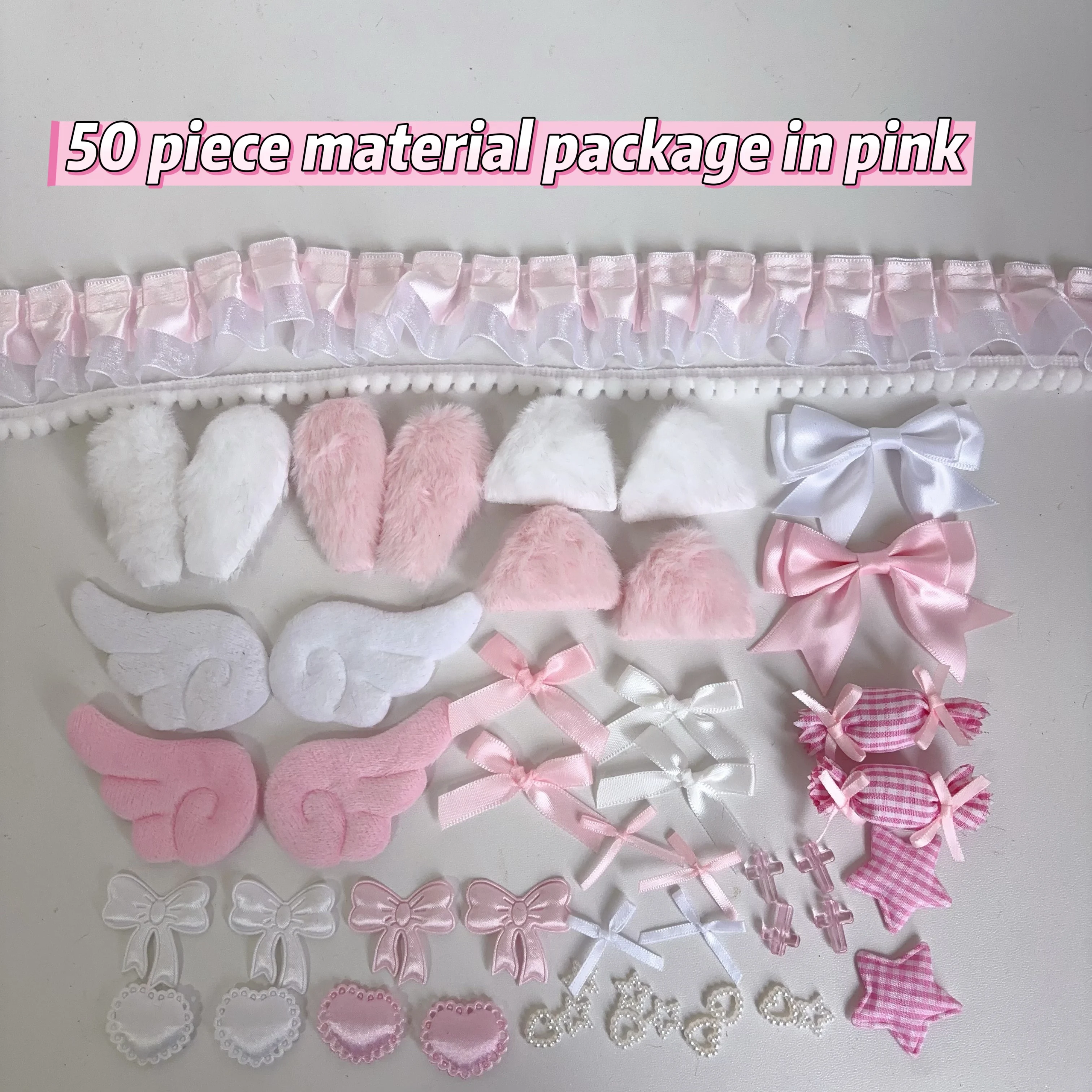 Kit de Material para Acessórios de Fita com 50 Peças, Asas Fofas, Laços, Pequenas Pérolas, Renda de Pelúcia, Várias Fitas, Materiais Artesanais