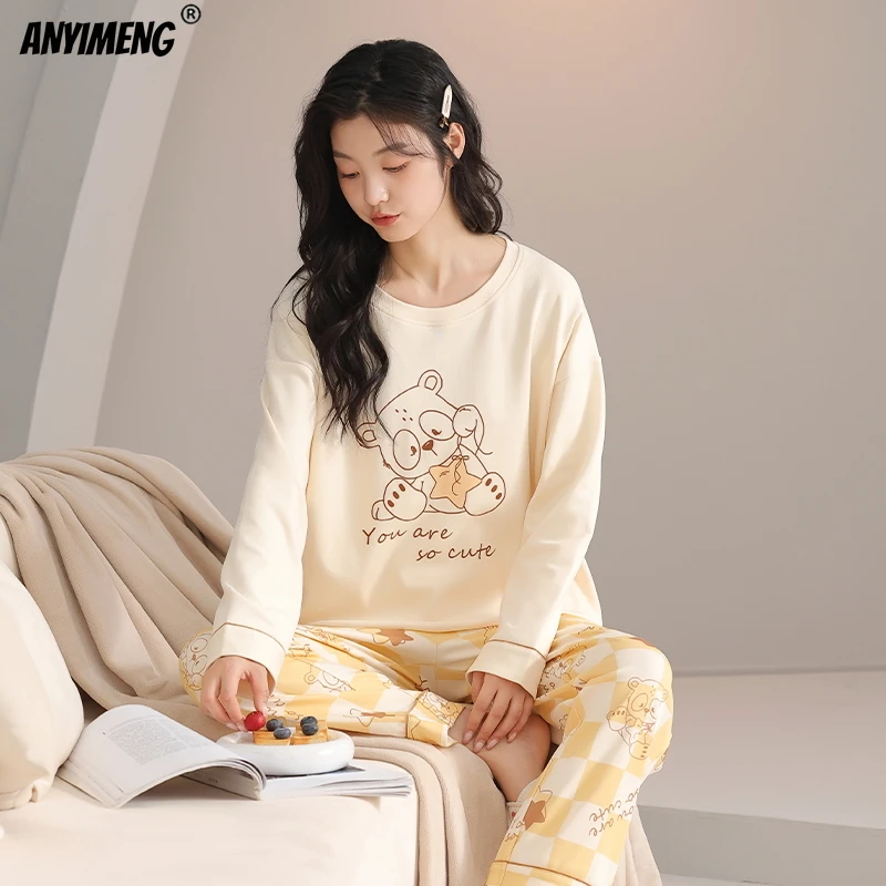 Pure Cotton Women Pajamas Autumn Winter Heart Print Pajama Long Sleeves Pijamas Round Collar Woman Pyjama Causal Sleepwear