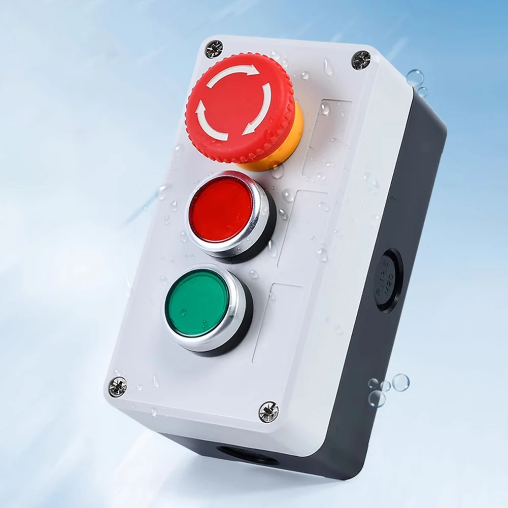 10A Rated Push Button Switch Box Featuring Latching Stop and Two NO Momentary Buttons for Automation Applications