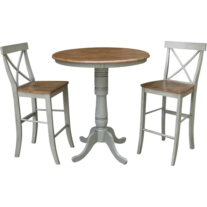 

Round Pedestal Table with X-Back Bar Height Stools-Set of Dining Sets, Onesize, Distressed Hickory Stone