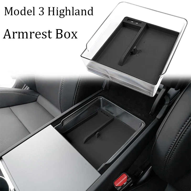 Central Control Storage Box for Tesla Model 3 Highland 2024 Transparent Armrest Hidden Box Silicone Pad Cup Holder Accessories