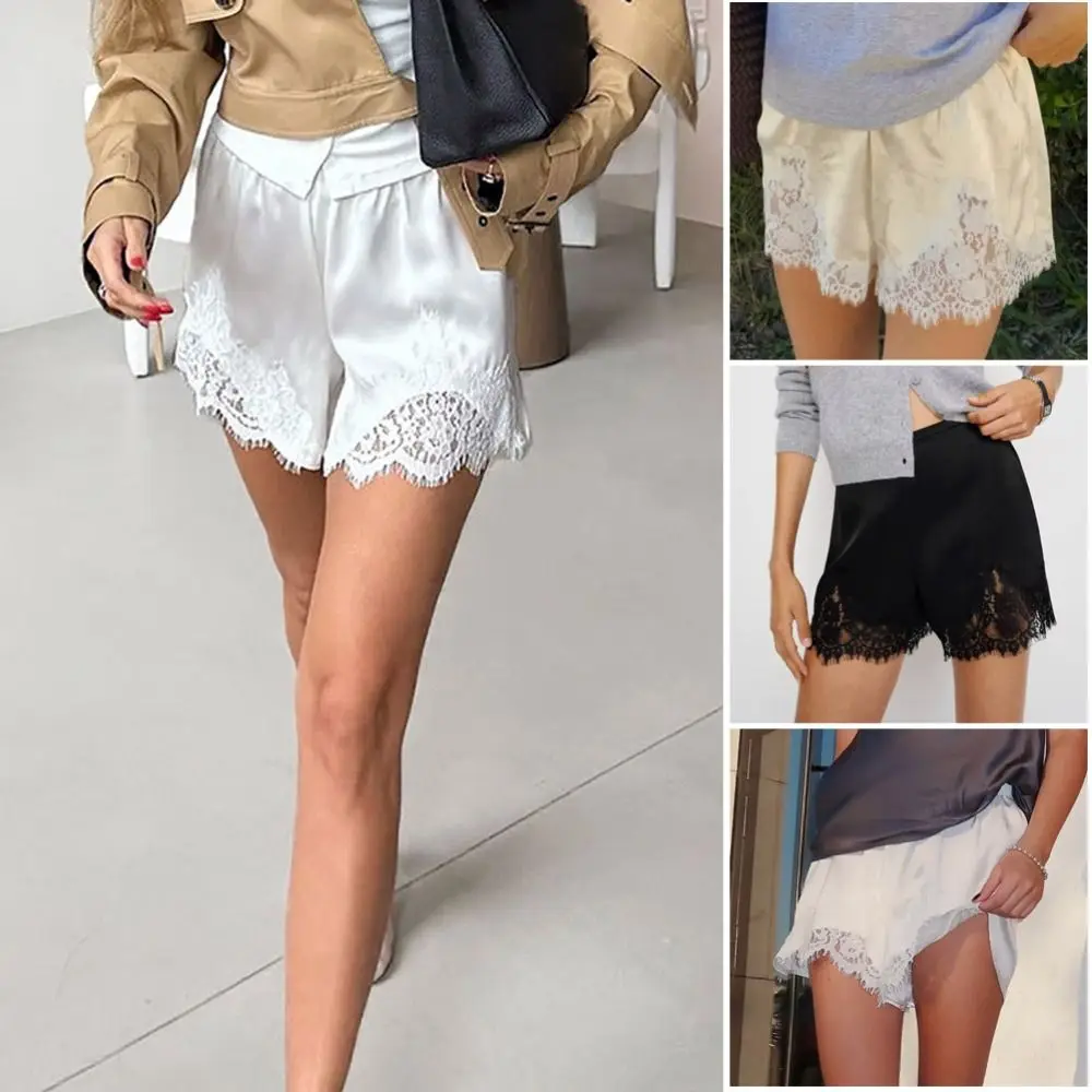 

Винтажные шорты из атласного шелка с кружевными вставками в стиле Y2K, мягкие женские шорты для сна с эластичным поясом, пижамные шорты