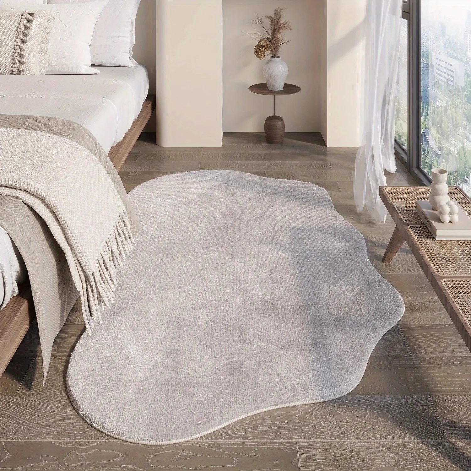 

Cream Style Living Room Decoration Carpet Irregular Shape Bedroom Decor Line Carpet Fluffy Soft Plush Rug Washable Mat
