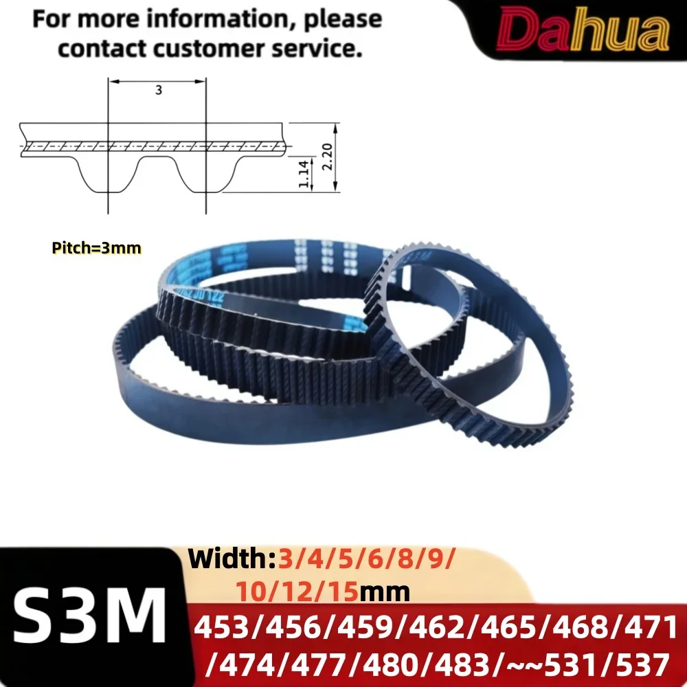S3M Timing Belt 453/456~531/537mm Width3/4/5/6/8/9/10/12/15mm Rubber Closed Loop Timing Belt 3mm Pitch for 3D Printer CNC Parts