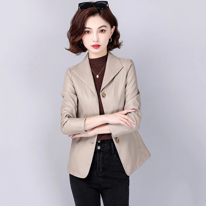 New Women Leather Jacket Spring Autumn Fashion Elegant Turn-down Collar Office Lady Slim Blazer Split Leather Short Coat