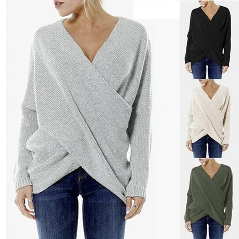 Pullover Women Knitted Sweater Elegant V-Neck Loose Oversized Jumper Tops Slanted Irregular Hem Woolen Sweater Autumn Winter