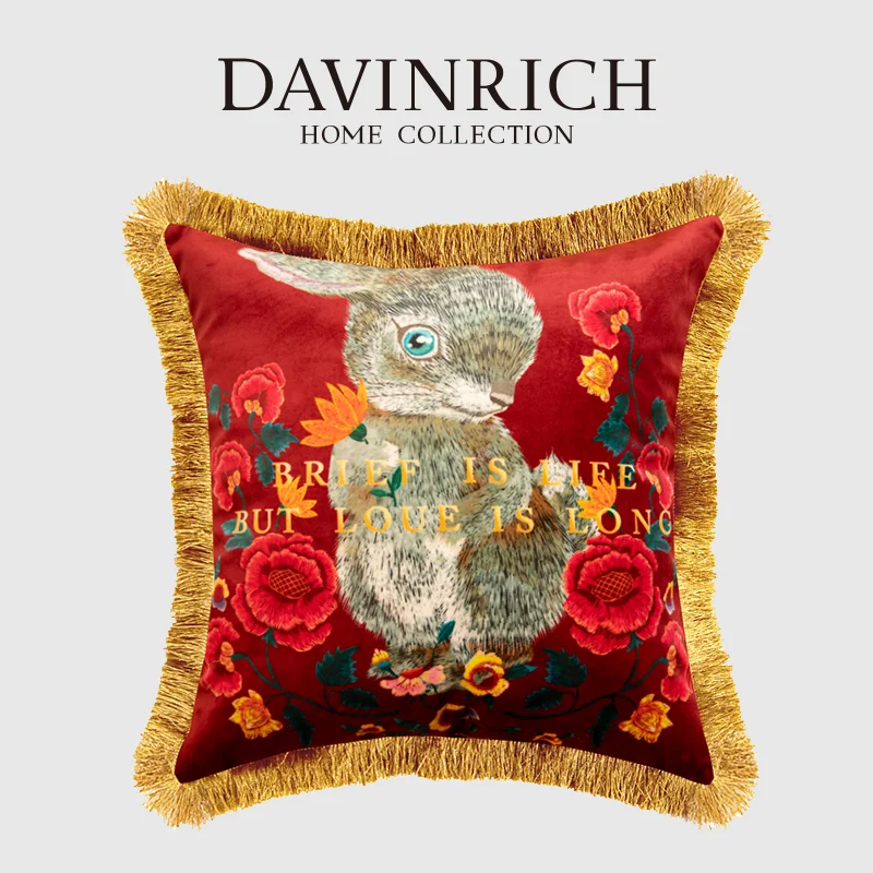 DAVINRaccompli-Housses de coussin rétro en velours rouge, taies d'oreiller imprimées, fleurs de printemps autour du lapin, franges, style lapins, 227