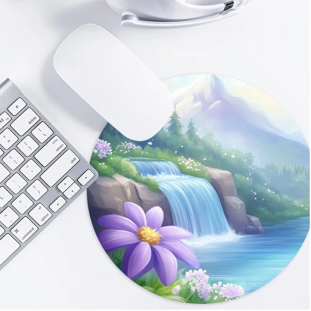 Round Mouse Pad Cartoon  Waterfall Desk Pad Art Design Rubber Mousepad Aesthetic Desk Accessory for Office Laptop Computer