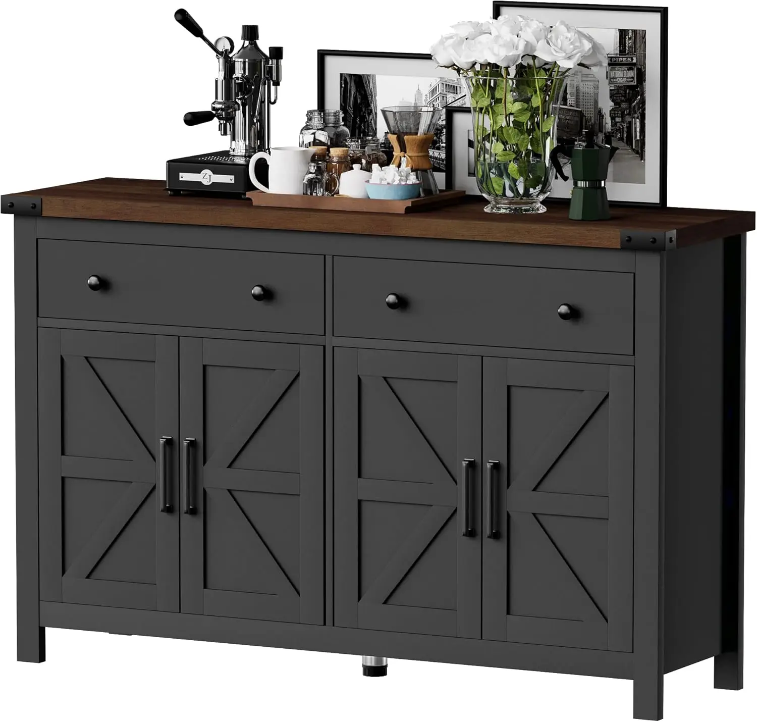 Buffetschrank mit Stauraum im Landhausstil mit 4 Türen und 2 Schubladen, 55'' Großer Küchenschrank aus Blauem Holz, Maßgefertigt