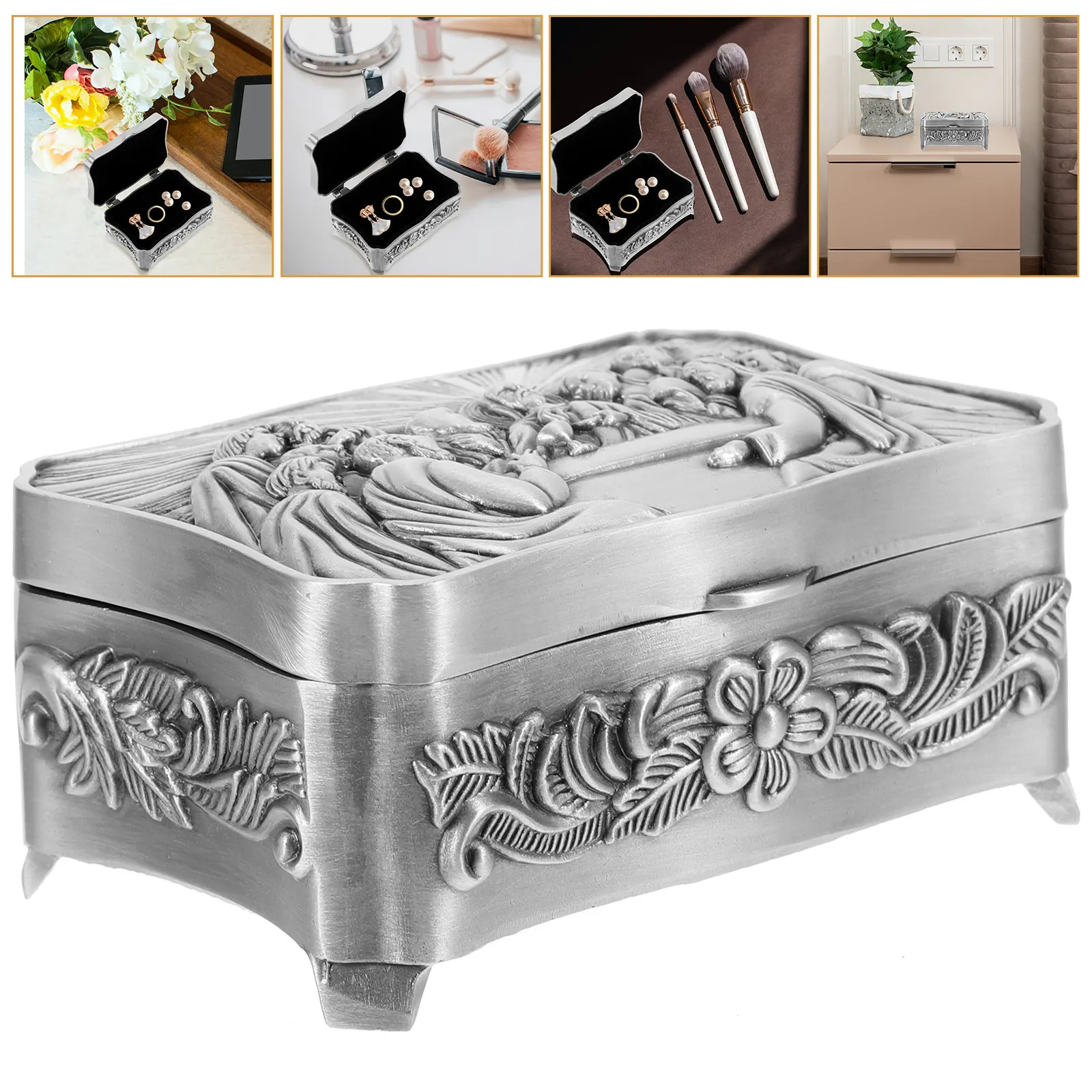 

Шкатулка для украшений в винтажном стиле с тиснением, для хранения колец и аксессуаров для волос, декор для рабочего стола, металлический корпус из сплава, маленькая фигурная форма