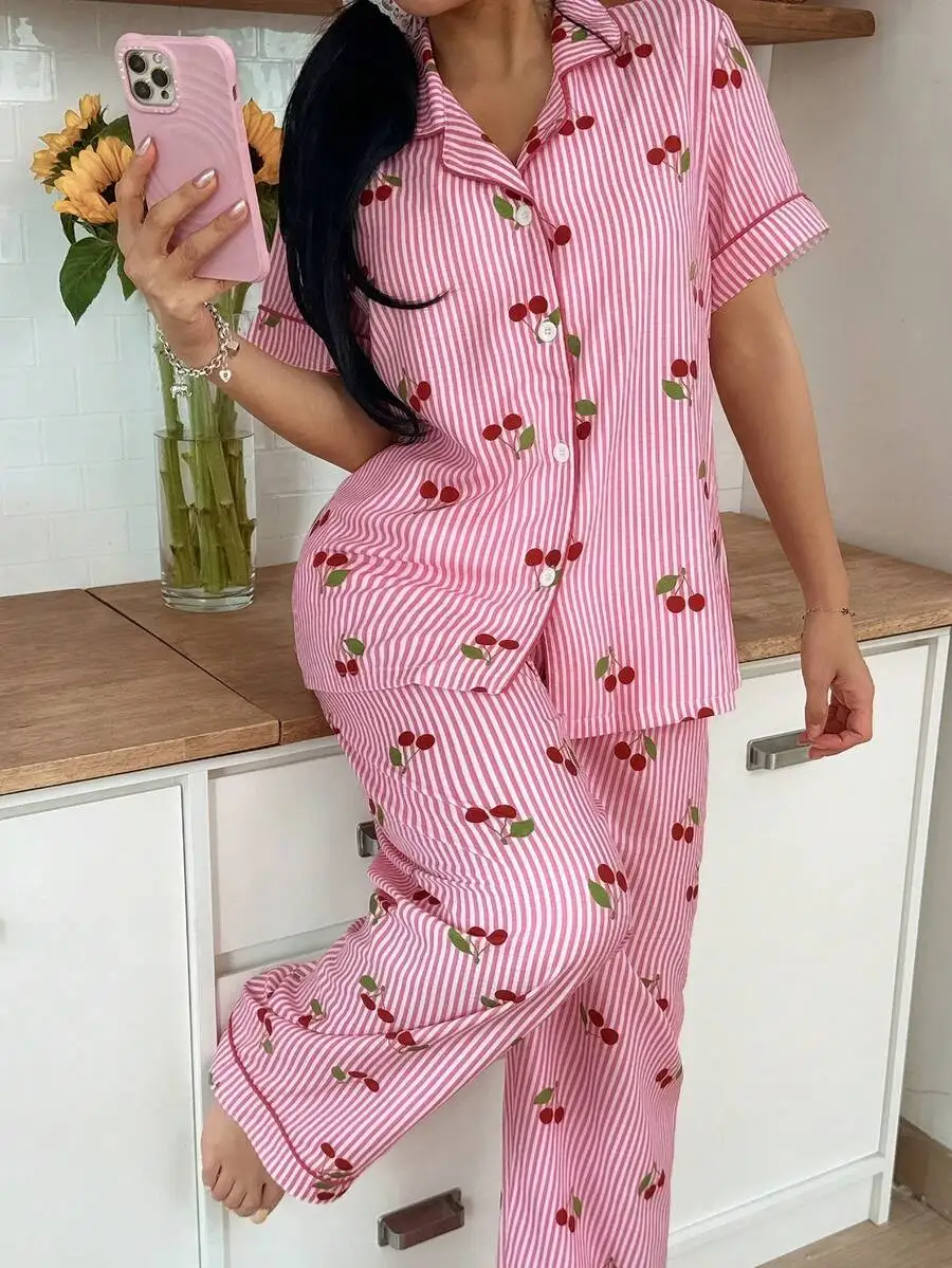 

Pink Cherry Striped Lapel Short Sleeve Pajama Set For Women Cozy Sleepwear