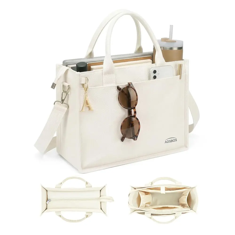 

Холщовая сумка-тоут для женщин с молнией и отделениями для ноутбука — большая повседневная сумка с карманом для бутылки с водой для работы