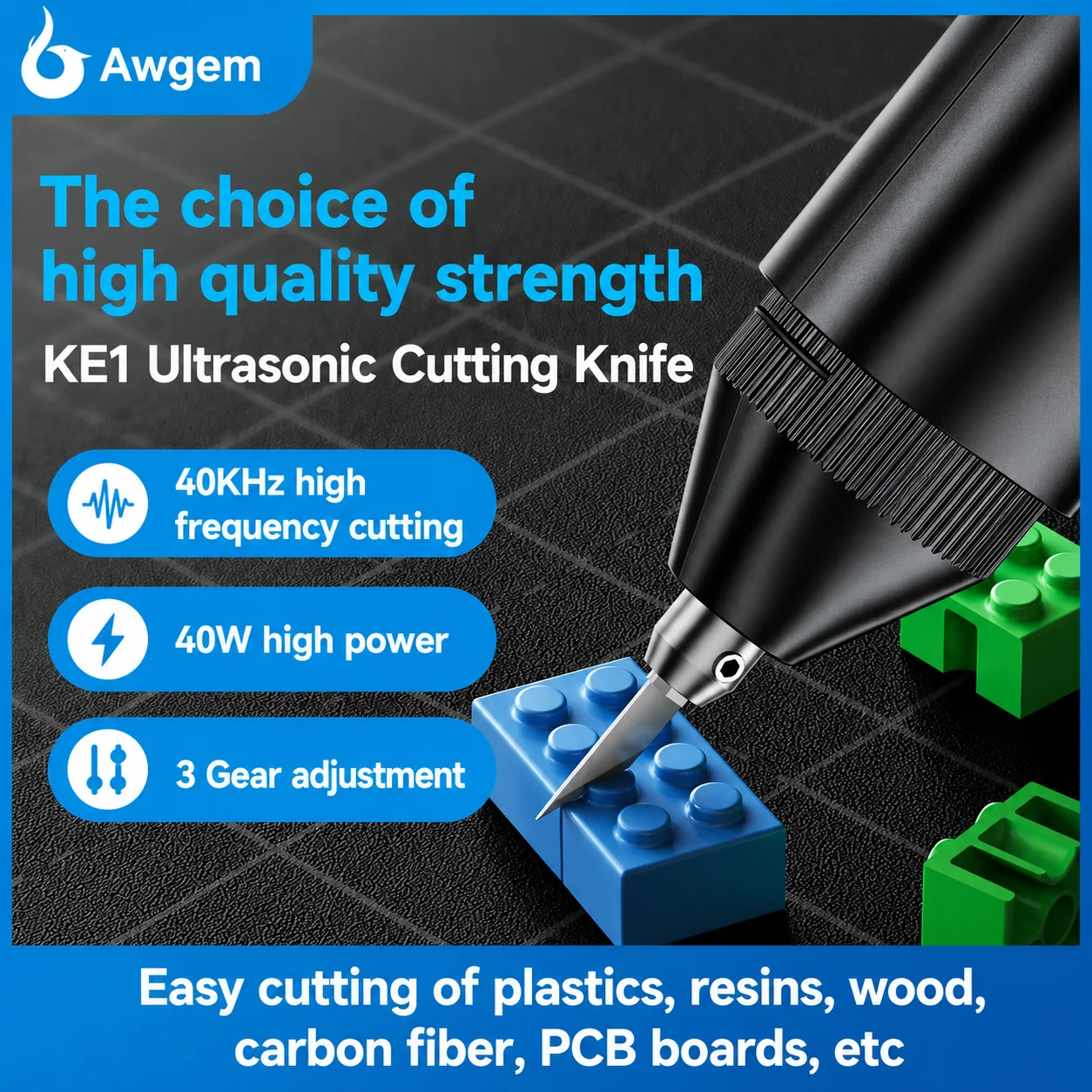 Cortador Ultrassônico Portátil Awgem 40KHz, Faca de Corte Ultrassônica, Ferramentas Elétricas DIY para Escultura em Plástico/Resina/Impressão 3D/Têxtil