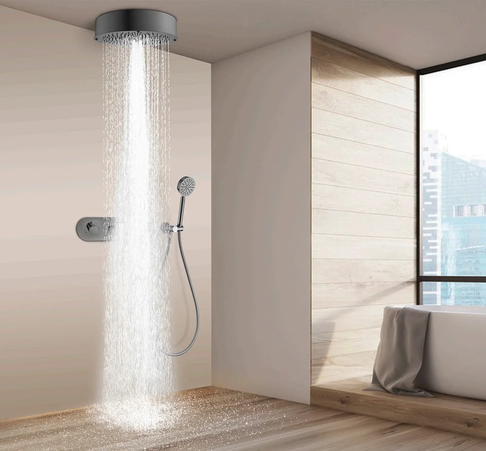 

Brushed Grey Brass Bathroom shower faucet set Luxury ceiling install 3 Functions thermostatic shower set Round style shower set