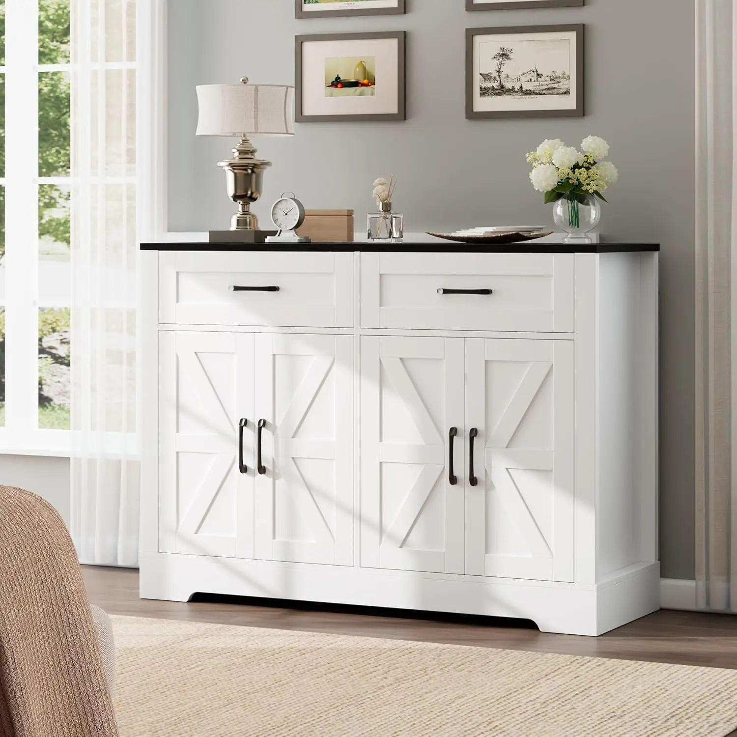 Farmhouse Sideboard Buffet with Drawers, White and Black Kitchen Cabinet for Dining Room, Hallway, Coffee Bar