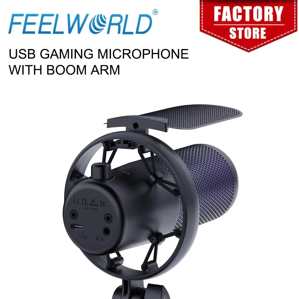 FEELWORLD VM1-AS USB Condenser Gaming Microphone for Streaming Noise Cancellation Mute RGB Light Boom Arm Stand