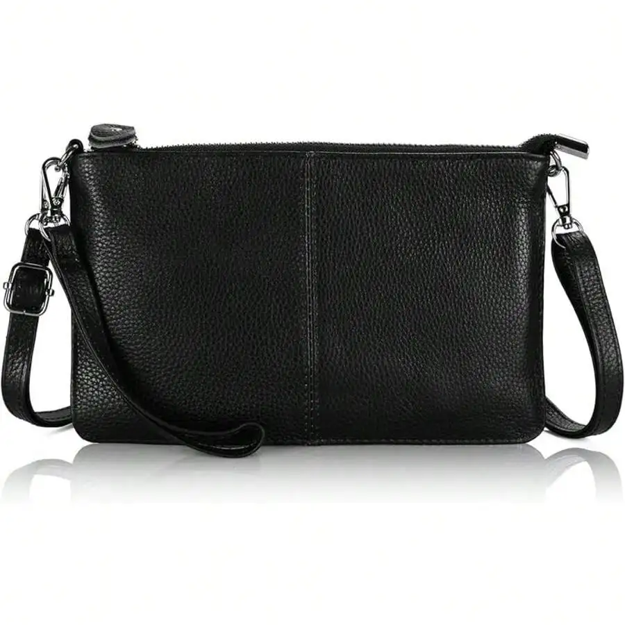 Genuine Leather Wristlet Clutch Wallet Purses Small Crossbody Bags Shoulder Handbag For Women, Silvery Zipper