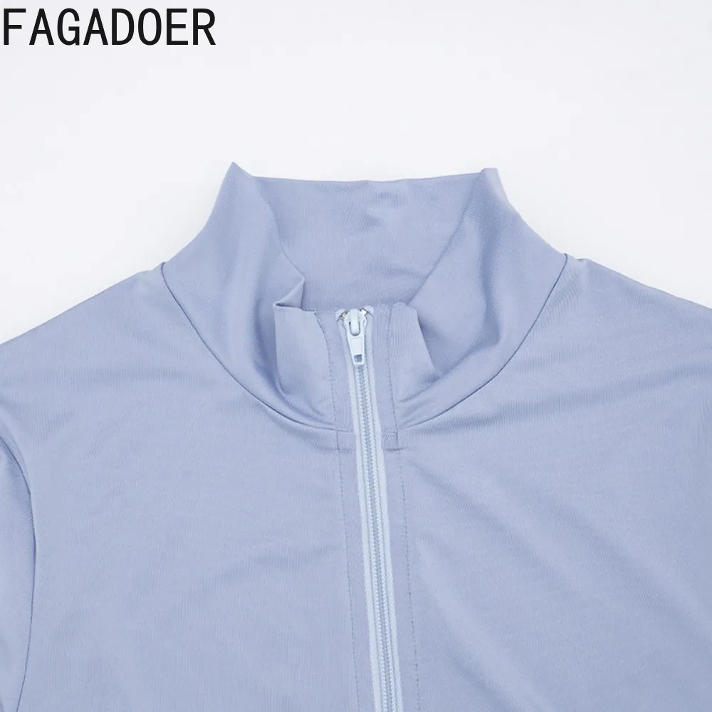 FAGADOER Casual Sports Woman 2 Piece Set Outfit Color Block Zipper Long Sleeve Slim Top and Shorts Midnight Female Streetwear