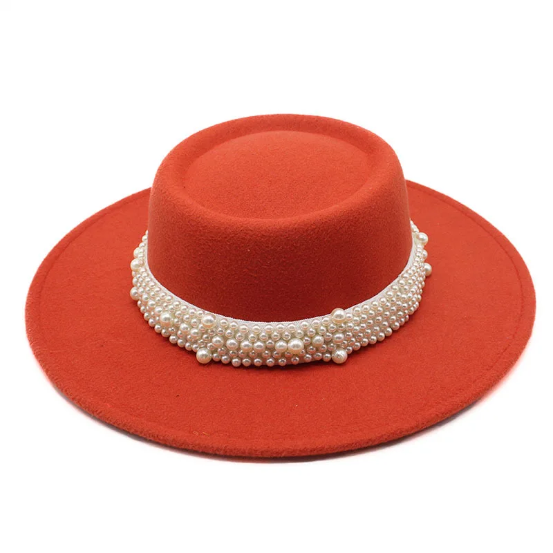 

Ring Type Flat Top Wool Felt Big Brim Top Hat Men And Women Concave-convex Top Pearl Fashion Flat Top Woolen Bowler Hat