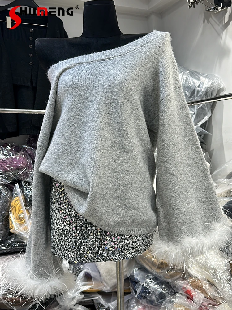 

Women 2025 Autumn New 2pcs Asymmetrical Shoulder Splicing Ostrich Feather Sleeve Sweater Tops Sequin Solid Color Chic Skirt Sets