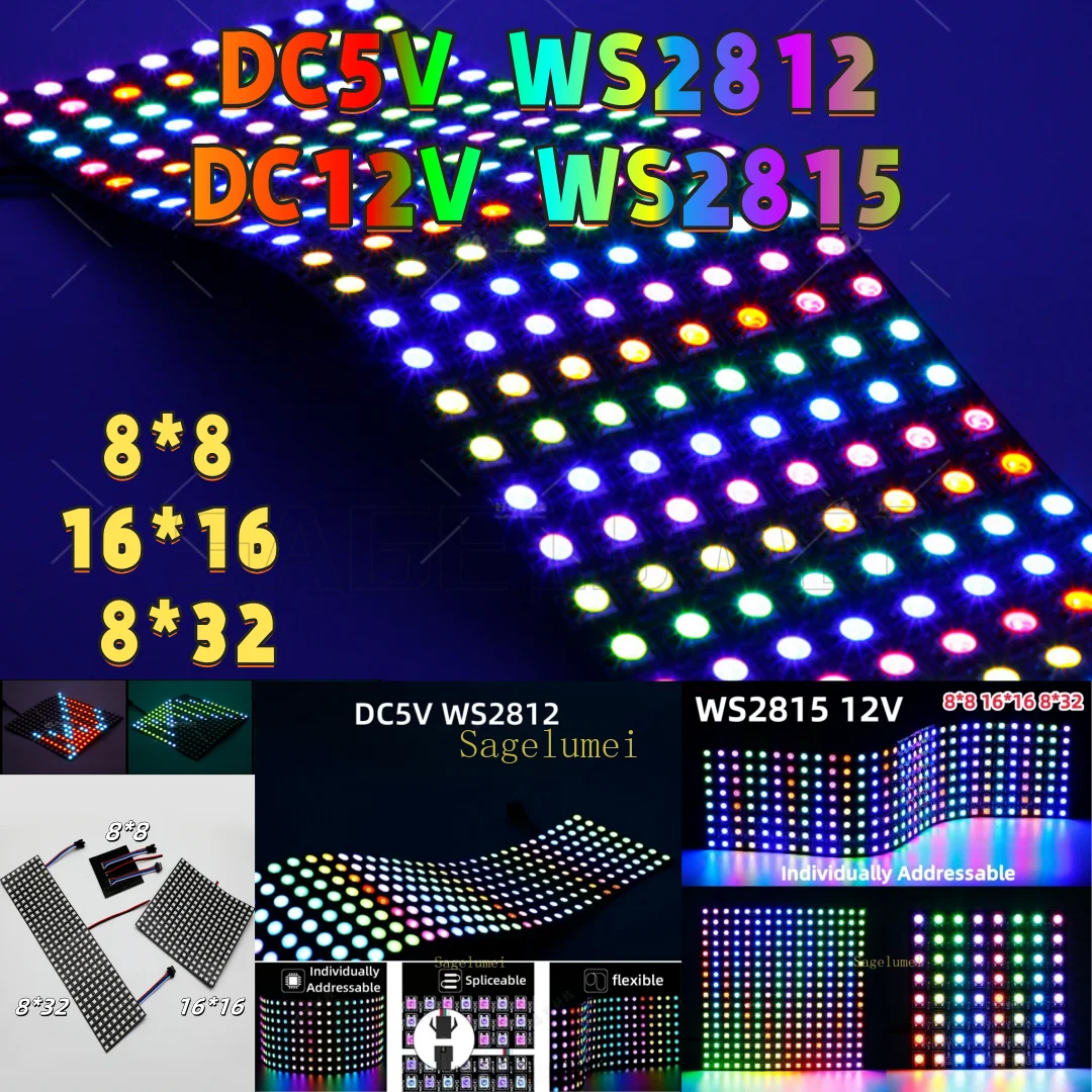 DC5V WS2812 12V 2815 Dual Signal Digital Flexible Individually Addressable Panel Light Strip 8x8 16x16 8x32 Module Matrix Screen