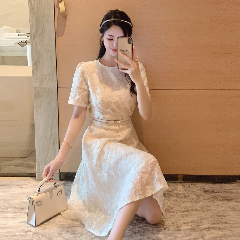 New 2024 Elegant Women Round Collar Short Sleeve Prom Party Dress Luxury Chic Summer Embroidery Flower Sequin Belt Midi Vestidos