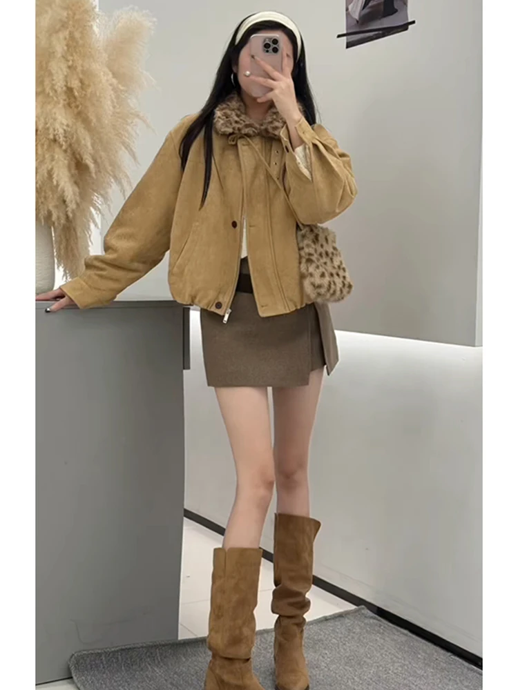 

Retro Design Loose Casual Thiened Suede Jaet Women's Winter New Sle Leopard Print Fur Collar Breathable Long Sve Top