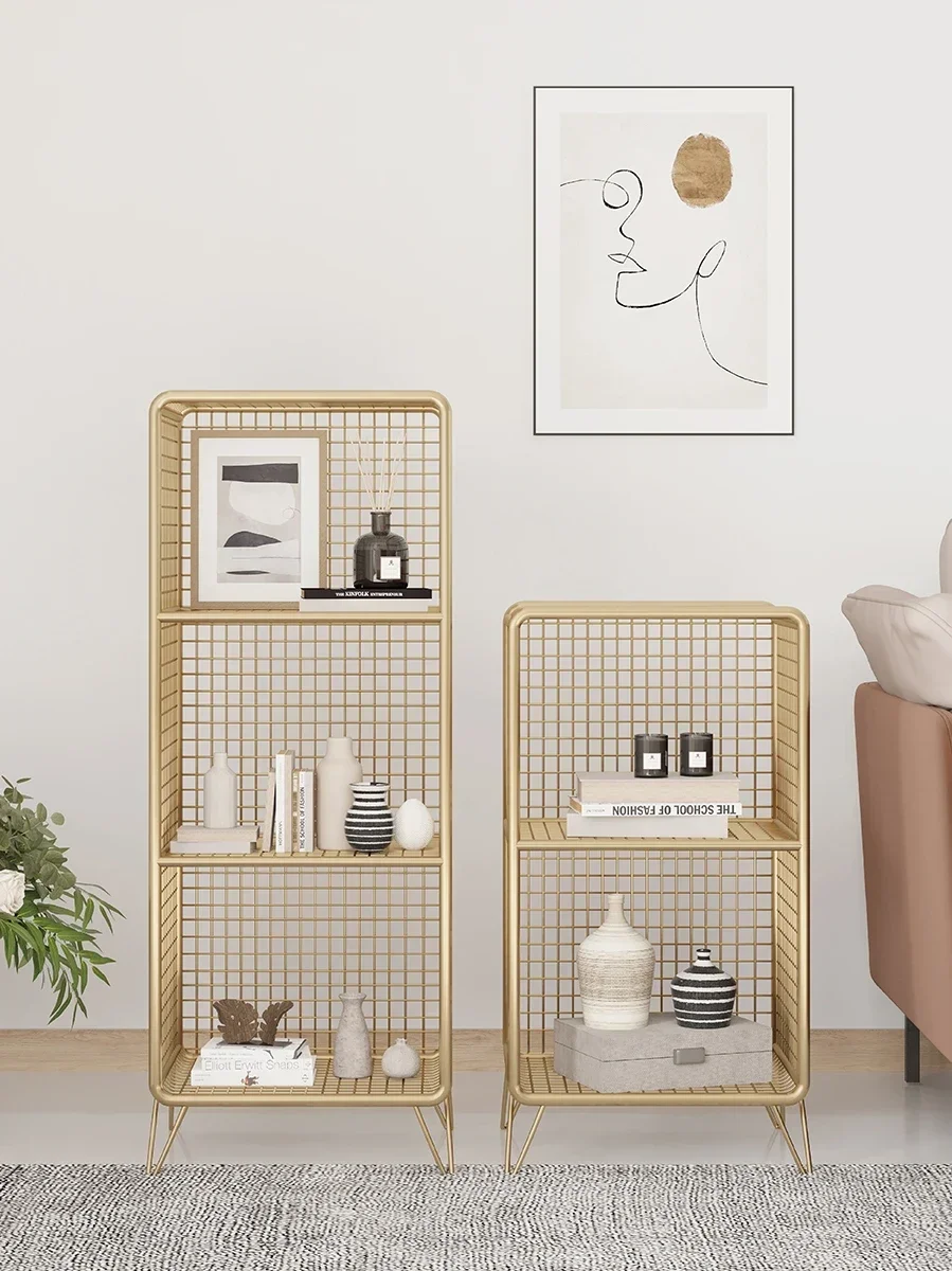 Nordic wrought iron bedside table, gold shelf, bedroom ins-style small metal bookshelf, floor-to-ceiling grid storage shelf