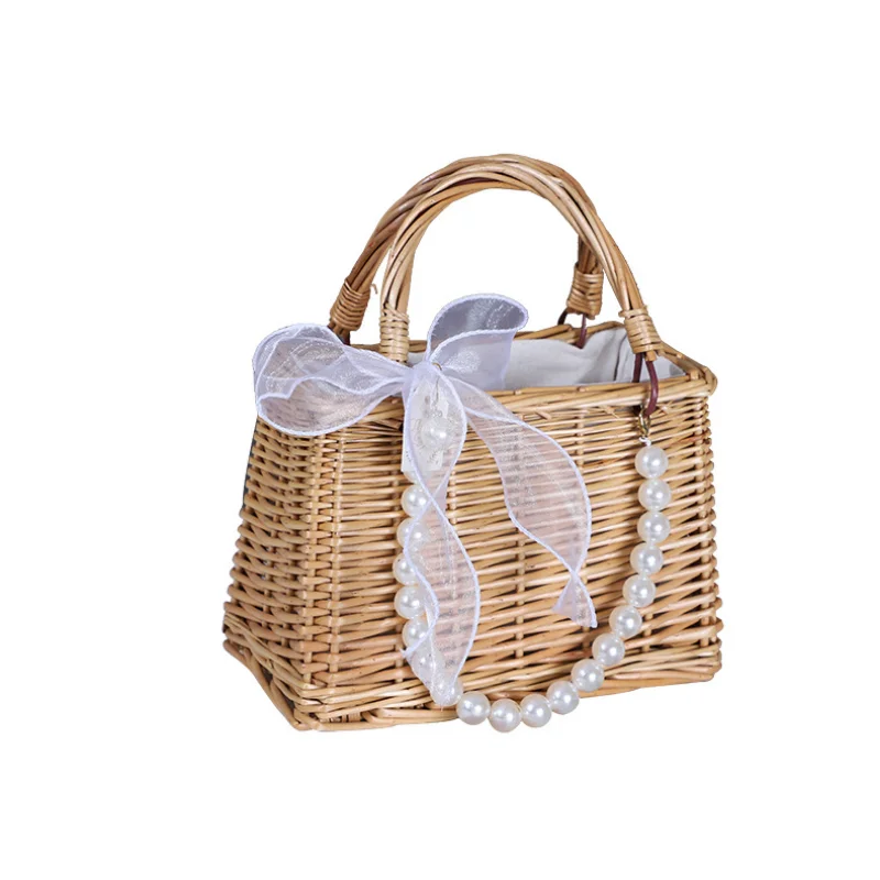 Straw Tote Hand Bags for Women Rattan Weaving Basket Purse Handbag Ladies Pearl Handle Beach Ribbons Clutch Bag