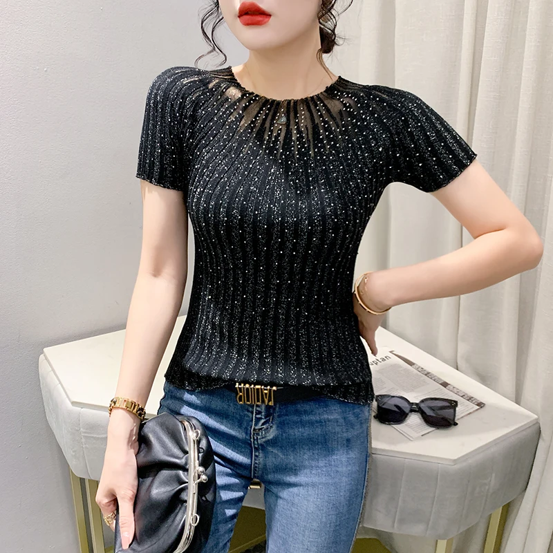 MadBlack European Clothes Tshirts Women Sexy Round Collar Shiny Lurex Slim Knit Tops Short Sleeve Tees Summer 2024 New T42030JM